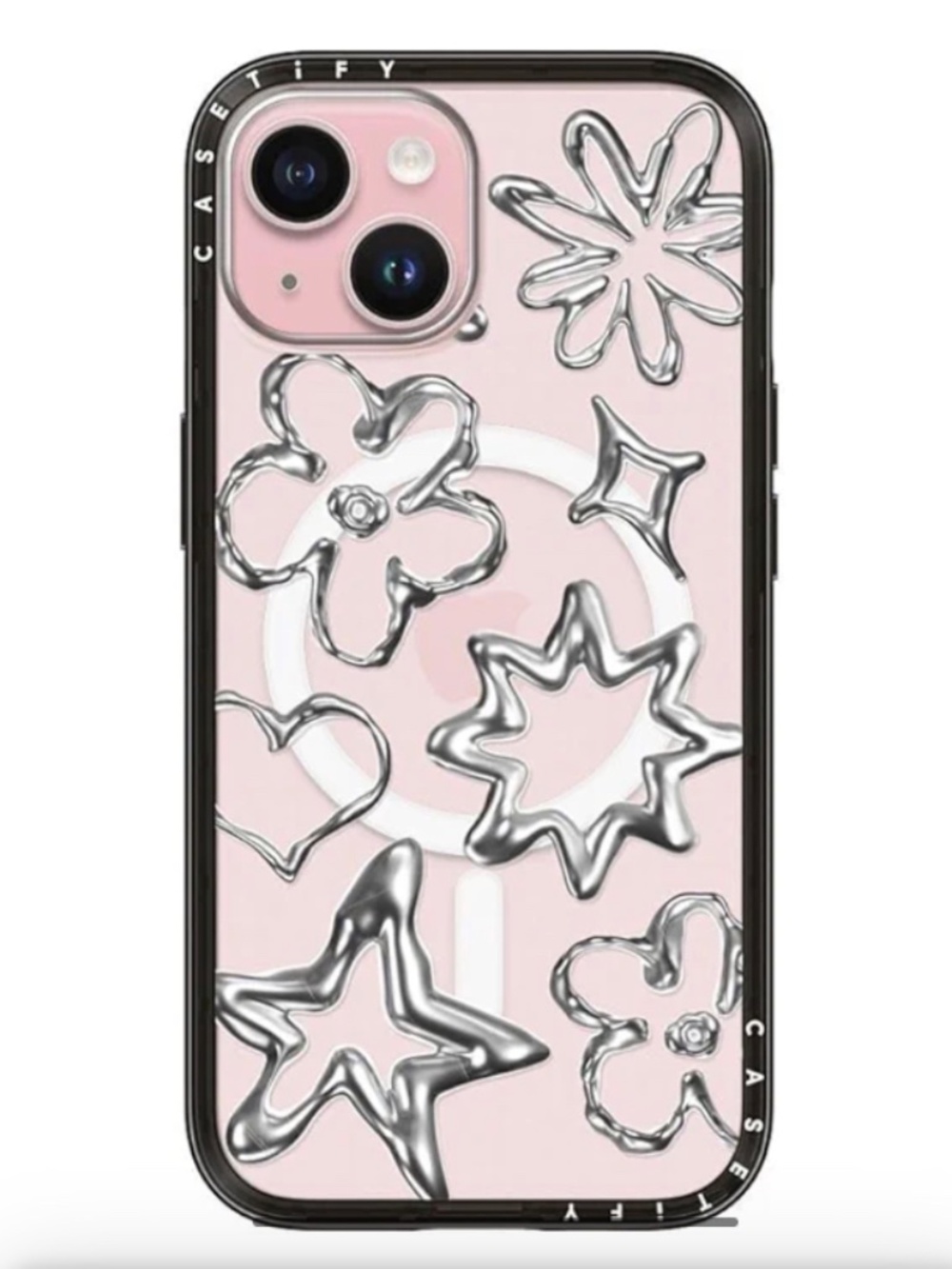 Casetify iPhone 15 Case NEW Chrome Doodles NO BOX Apple Phone Grey Flower Star